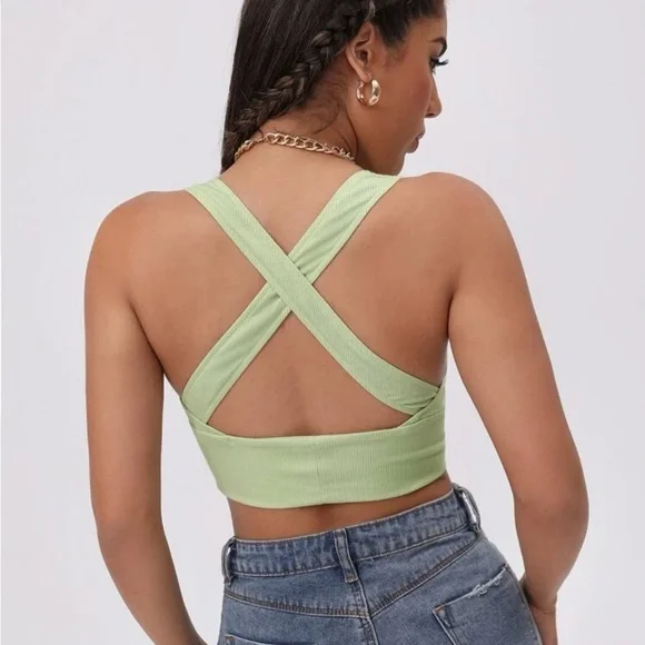 Green Ribbed Halter Crop Top - Picture 2 of 2